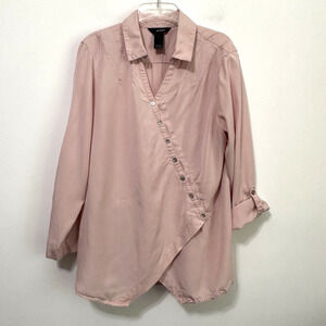 Ali Miles Wrap Top Pink XL Roll Tab Sleeve Buttons Tunic Artsy Minimal Tencel‎